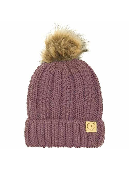 Kids CC Ages 2-7 Sherpa Lining Pompom Thick Stretchy Knit Beanie Cap Hat