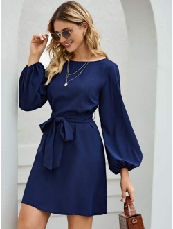 Boat Neck Bishop Sleeve Belted Dress