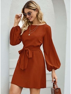 Boat Neck Bishop Sleeve Belted Dress