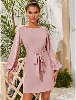 Boat Neck Bishop Sleeve Belted Dress