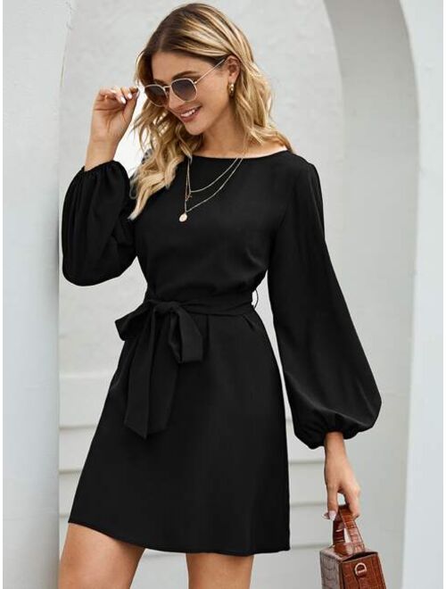 Shein Boat Neck Bishop Sleeve Belted Dress