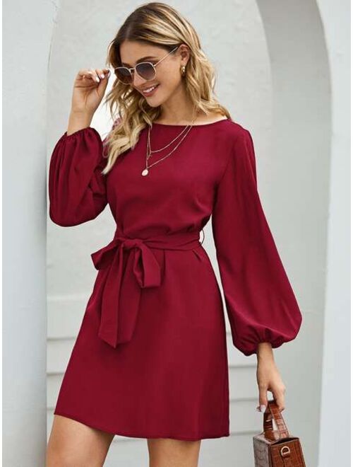 Shein Boat Neck Bishop Sleeve Belted Dress