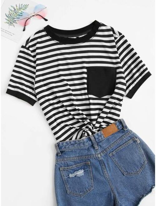 Shein Pocket Patch Striped Ringer Tee