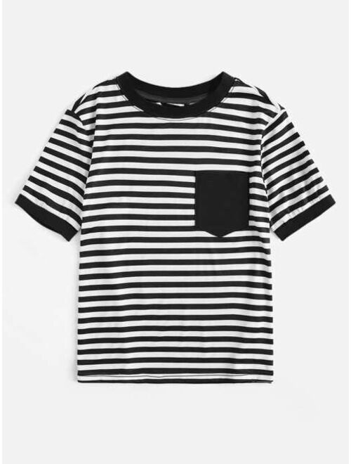 Shein Pocket Patch Striped Ringer Tee