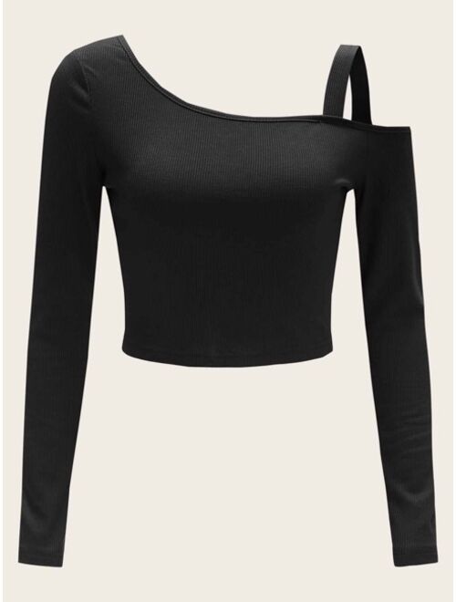 Shein Asymmetrical Neck Cold Shoulder Rib-knit Top