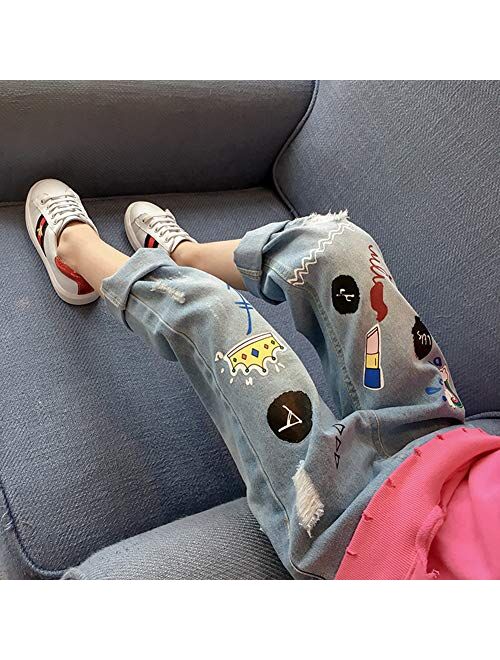 Digirlsor Toddler Girl Cartoon Graffiti Ripped Jeans with Holes Kids Girls Elastic Waist Denim Pants Trousers,2-8Y