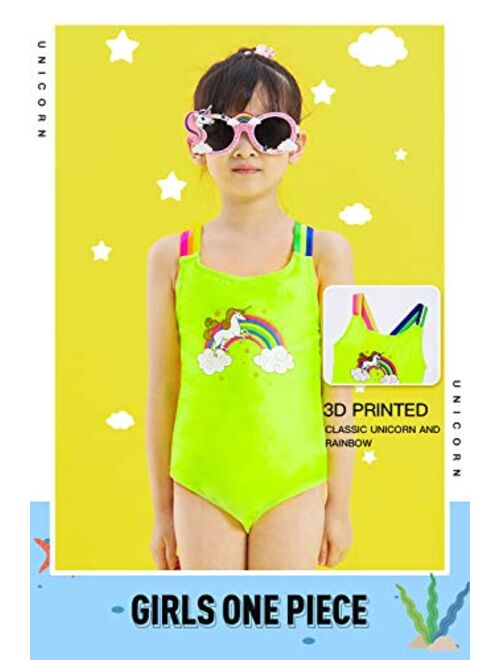 Girls One Piece Swimsuits, Unicorn Rainbow Butterfly Printing Swimwear, Hawaiian Beach Bathing Suit for Vacation