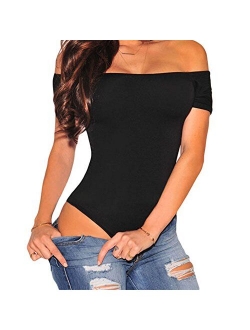 Lrady Women's Short Sleeves Off Shoulder Stretchy Bodysuit Bodycon Tops