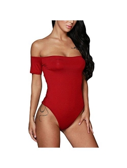 Lrady Women's Short Sleeves Off Shoulder Stretchy Bodysuit Bodycon Tops