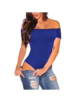 Lrady Women's Short Sleeves Off Shoulder Stretchy Bodysuit Bodycon Tops