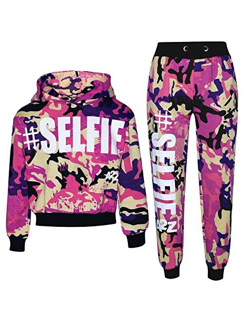 Kids Girls Tracksuit Designer #Selfie Hooded Crop Top & Bottom Jog Suit 5-13 Yr