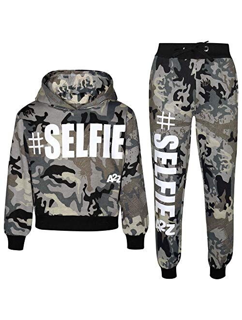 Kids Girls Tracksuit Designer #Selfie Hooded Crop Top & Bottom Jog Suit 5-13 Yr