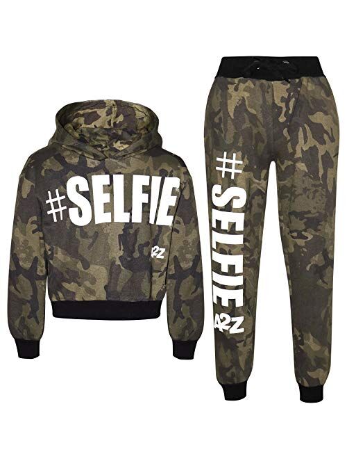 Kids Girls Tracksuit Designer #Selfie Hooded Crop Top & Bottom Jog Suit 5-13 Yr