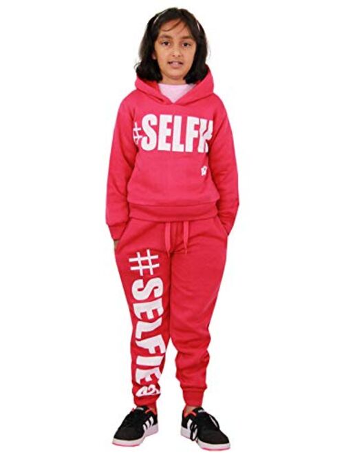 Kids Girls Tracksuit Designer #Selfie Hooded Crop Top & Bottom Jog Suit 5-13 Yr