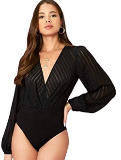 Women's Long Sleeve Wrap V-Neck Leotard Jumpsuit Bodysuit