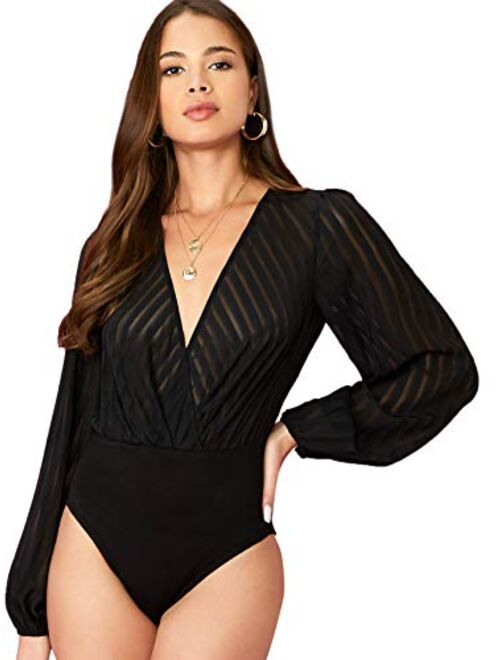 Verdusa Women's Long Sleeve Wrap V-Neck Leotard Jumpsuit Bodysuit