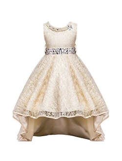 Flower Girls Vintage Overlay Lace Beaded Rhinestone Wedding Tulle Dresses Maxi High Low Gown Dance Tutus