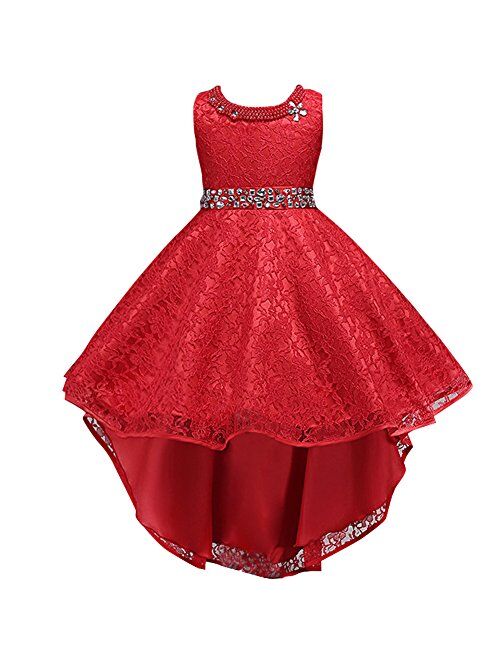 IBTOM CASTLE Flower Girls Vintage Overlay Lace Beaded Rhinestone Wedding Tulle Dresses Maxi High Low Gown Dance Tutus