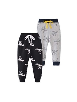 HUAER& Baby Boy's Jogger Pants Dinosaur Car Animal Print Drawstring Elastic Sweatpants (1-Pack 2-Pack)