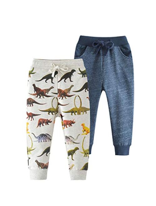 HUAER& Baby Boy's Jogger Pants Dinosaur Car Animal Print Drawstring Elastic Sweatpants (1-Pack 2-Pack)