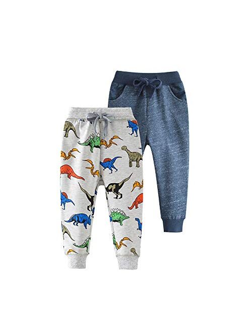 HUAER& Baby Boy's Jogger Pants Dinosaur Car Animal Print Drawstring Elastic Sweatpants (1-Pack 2-Pack)