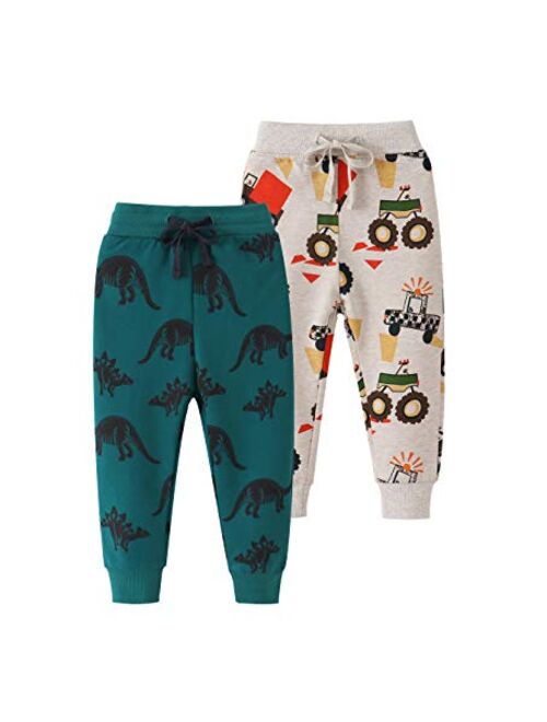 HUAER& Baby Boy's Jogger Pants Dinosaur Car Animal Print Drawstring Elastic Sweatpants (1-Pack 2-Pack)