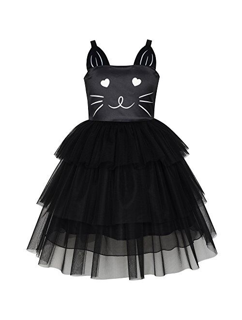 Sunny Fashion Girls Dress Cat Face Black Tower Ruffle Dancing Party Size 4-10