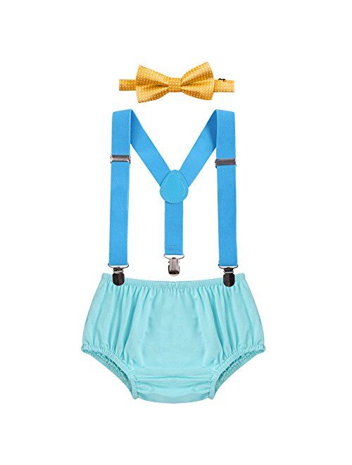 IBTOM CASTLE Baby Boys Cake Smash Outfit First Birthday Bloomers Bowtie Suspenders Clothes set