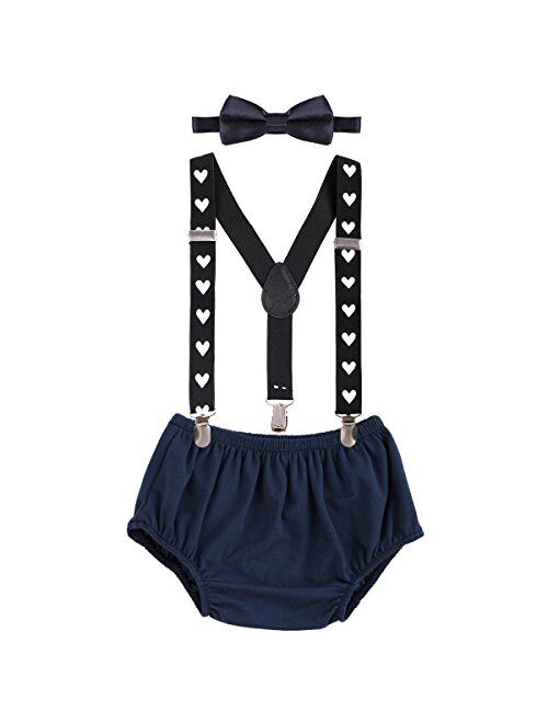 IBTOM CASTLE Baby Boys Cake Smash Outfit First Birthday Bloomers Bowtie Suspenders Clothes set