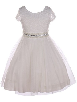 Cap Sleeve Lace Top Tulle Shiny Stone Belt Easter Graduation Flower Girl Dress