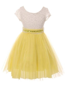 Cap Sleeve Lace Top Tulle Shiny Stone Belt Easter Graduation Flower Girl Dress