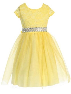 Cap Sleeve Lace Top Tulle Shiny Stone Belt Easter Graduation Flower Girl Dress