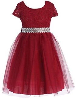 Cap Sleeve Lace Top Tulle Shiny Stone Belt Easter Graduation Flower Girl Dress