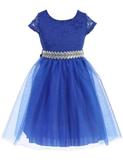 Cap Sleeve Lace Top Tulle Shiny Stone Belt Easter Graduation Flower Girl Dress