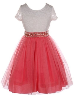 Cap Sleeve Lace Top Tulle Shiny Stone Belt Easter Graduation Flower Girl Dress