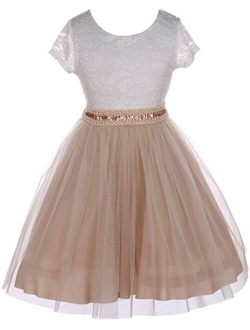 Cap Sleeve Lace Top Tulle Shiny Stone Belt Easter Graduation Flower Girl Dress