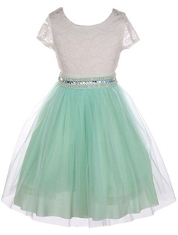 Cap Sleeve Lace Top Tulle Shiny Stone Belt Easter Graduation Flower Girl Dress