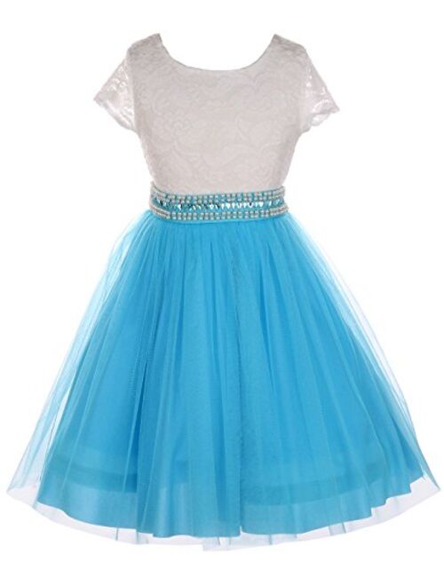 Cap Sleeve Lace Top Tulle Shiny Stone Belt Easter Graduation Flower Girl Dress