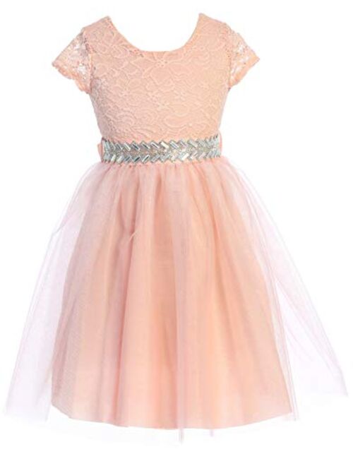 Cap Sleeve Lace Top Tulle Shiny Stone Belt Easter Graduation Flower Girl Dress