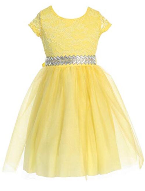 Cap Sleeve Lace Top Tulle Shiny Stone Belt Easter Graduation Flower Girl Dress