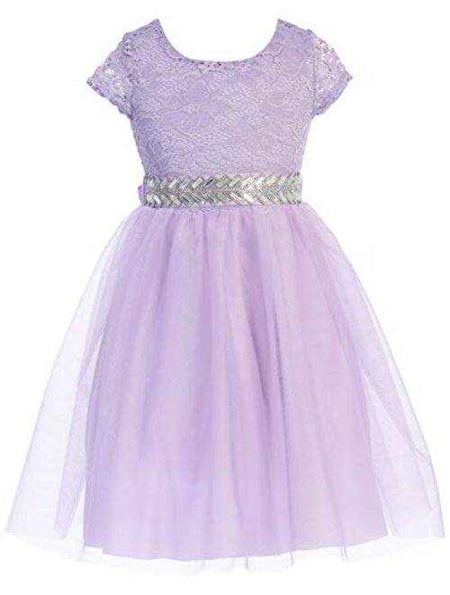 Cap Sleeve Lace Top Tulle Shiny Stone Belt Easter Graduation Flower Girl Dress