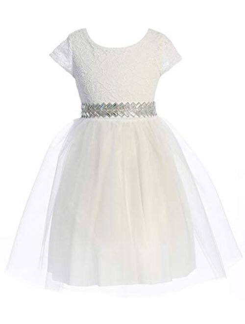 Cap Sleeve Lace Top Tulle Shiny Stone Belt Easter Graduation Flower Girl Dress