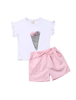 Girls Ruffle Flower T-Shirt and Pink Pocket Shorts Clothing Set Outfit Clothes