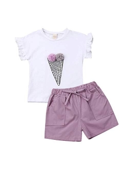 Girls Ruffle Flower T-Shirt and Pink Pocket Shorts Clothing Set Outfit Clothes