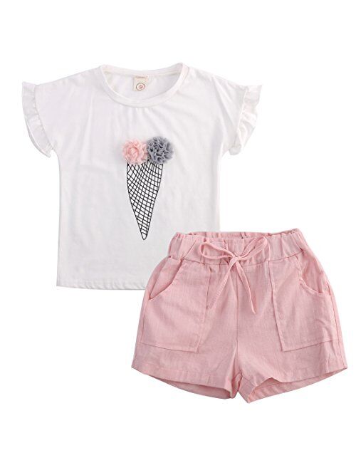 Girls Ruffle Flower T-Shirt and Pink Pocket Shorts Clothing Set Outfit Clothes