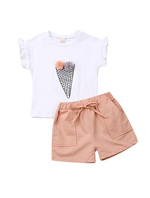 Girls Ruffle Flower T-Shirt and Pink Pocket Shorts Clothing Set Outfit Clothes