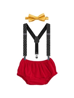 Baby Boys First Birthday Adjustable Y Back Elastic Clip Suspenders Cake Smash Outfit Tuxedo Pre-tied Bloomers Bowtie set