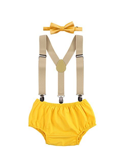 Baby Boys First Birthday Adjustable Y Back Elastic Clip Suspenders Cake Smash Outfit Tuxedo Pre-tied Bloomers Bowtie set