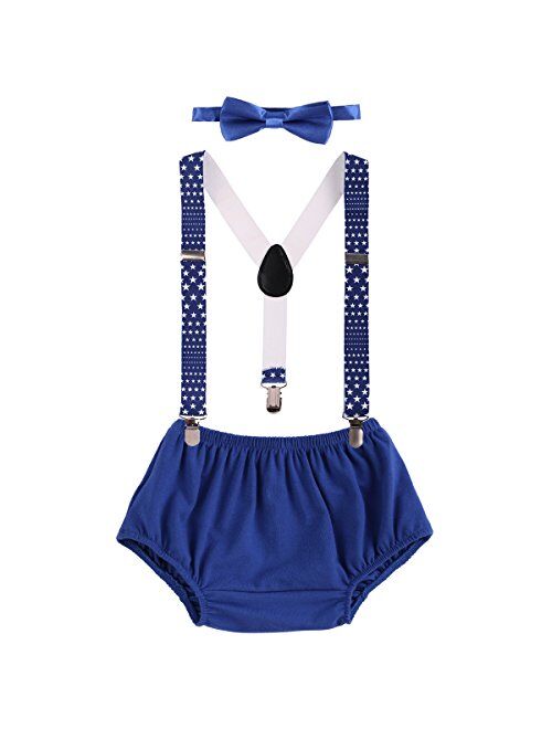 Baby Boys First Birthday Adjustable Y Back Elastic Clip Suspenders Cake Smash Outfit Tuxedo Pre-tied Bloomers Bowtie set