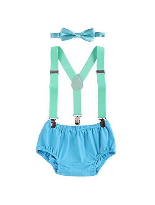 Baby Boys First Birthday Adjustable Y Back Elastic Clip Suspenders Cake Smash Outfit Tuxedo Pre-tied Bloomers Bowtie set